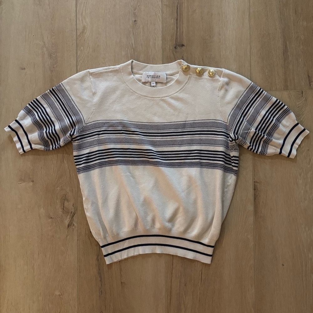 10 Crosby Derek Lam Ivory and Navy Striped Sweater with Buttons